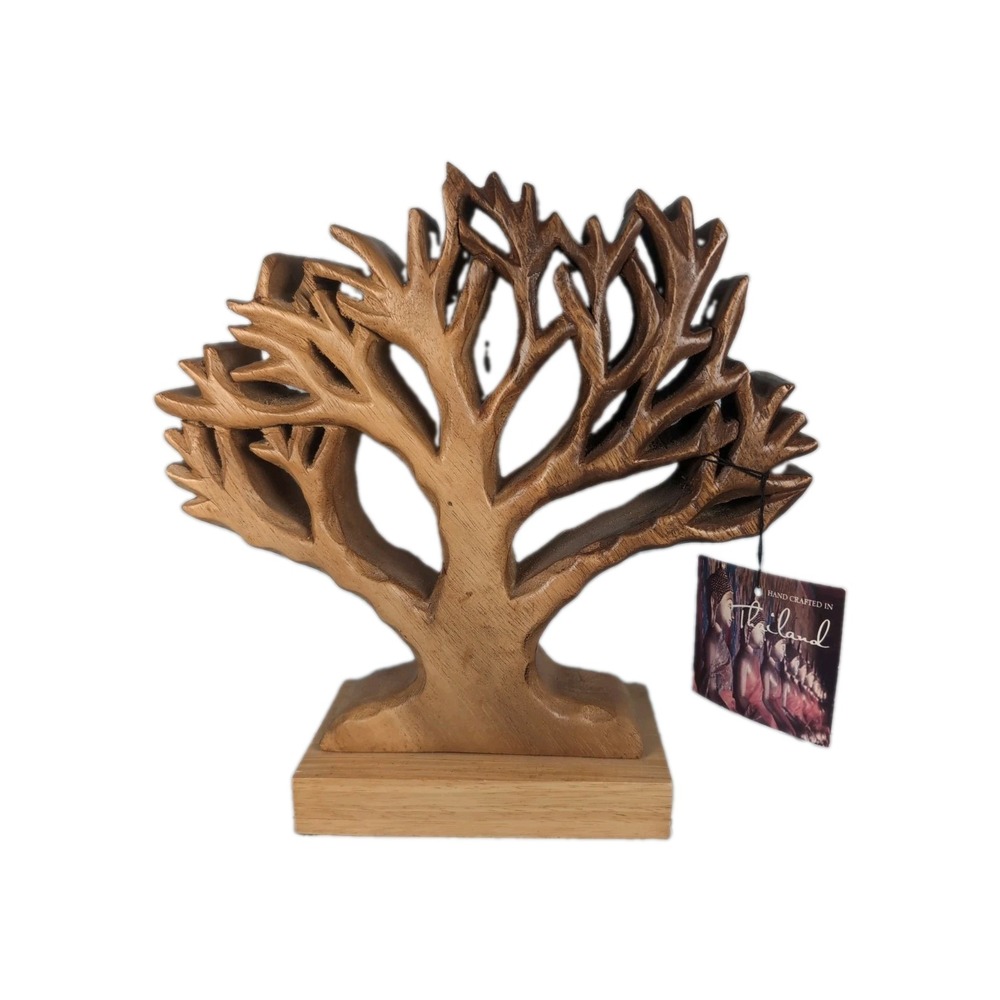 Thailand Carved Wood Tree Sculpture Decor Tree of Life Vintage 10" Tall W/Tags